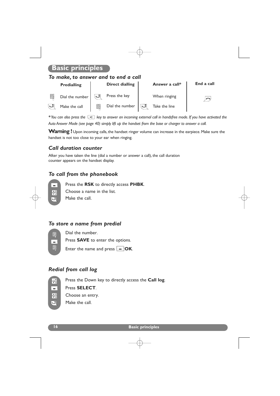 Basic principles, Warning, Call duration counter | Philips DECT 627 User Manual | Page 17 / 58