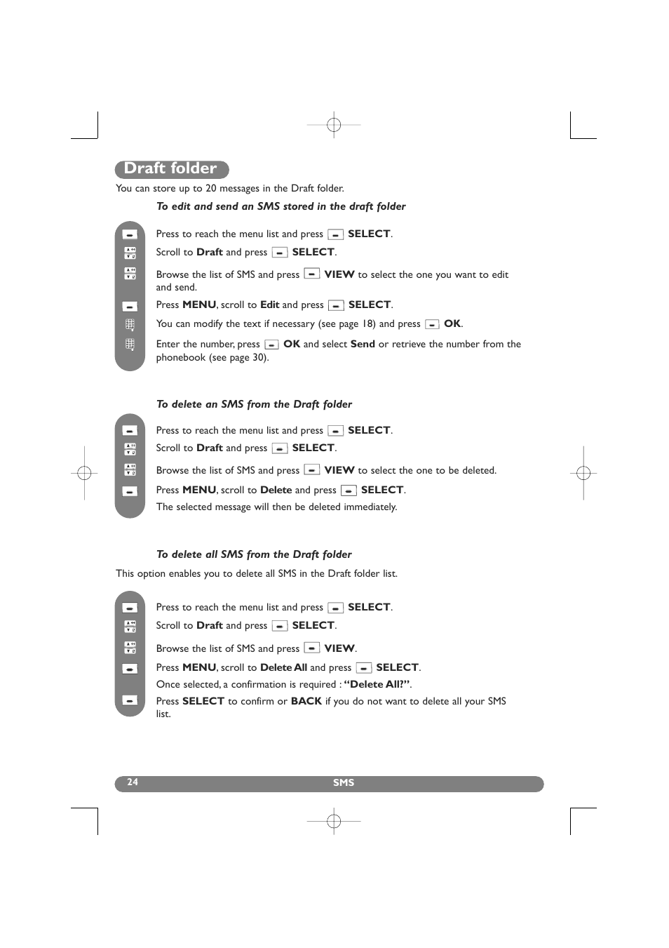 Draft folder, Sms settings | Philips DECT 627 User Manual | Page 25 / 58