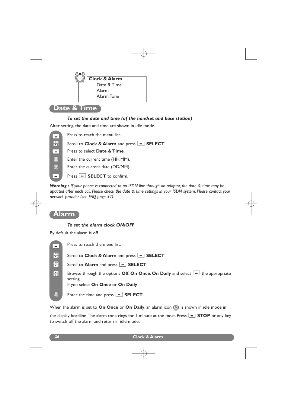 Clock & alarm, Date & time, Alarm | To set the date and time, To set the alarm clock | Philips DECT 627 User Manual | Page 27 / 58