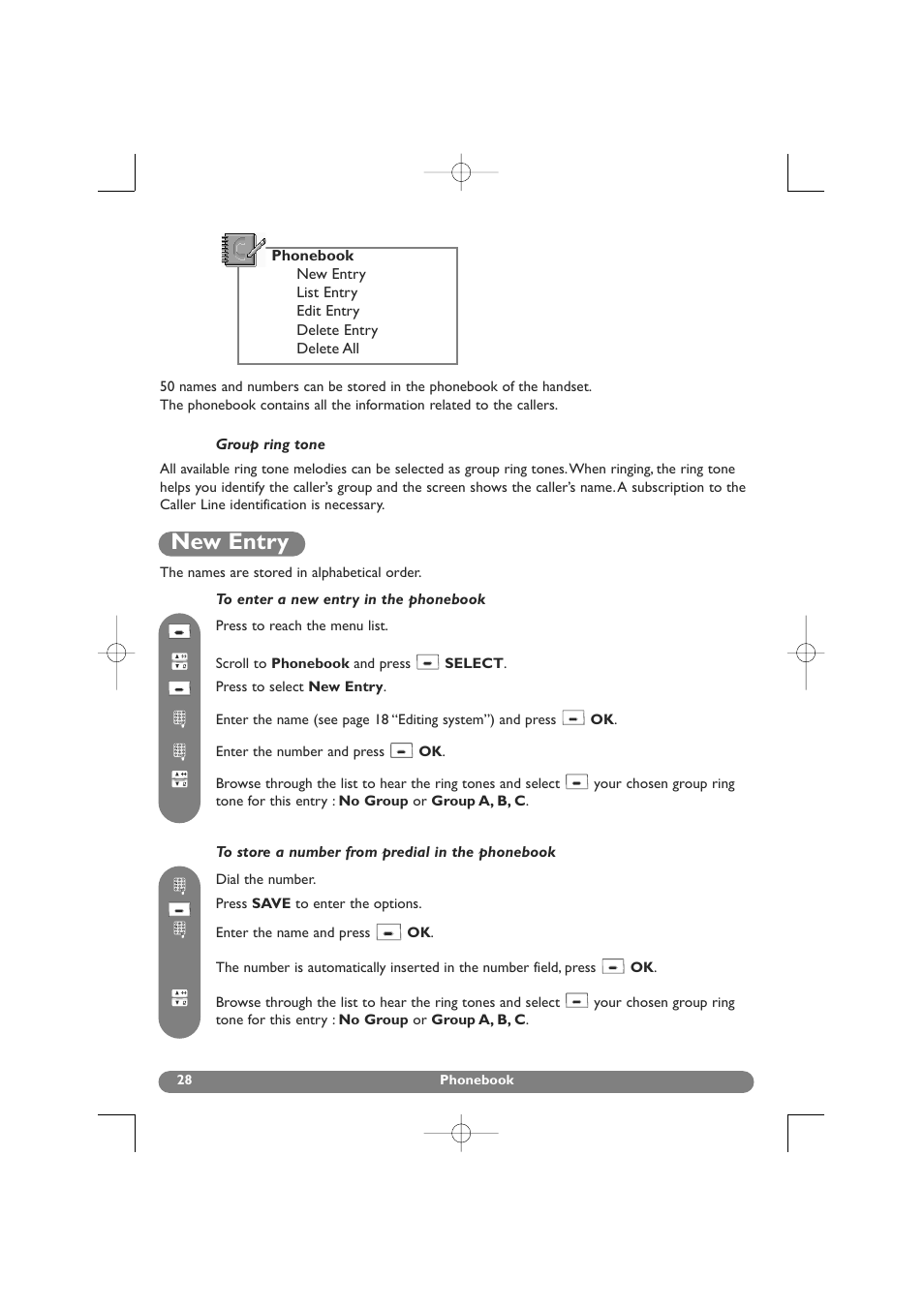 Phonebook, New entry, Group ring tone | Philips DECT 627 User Manual | Page 29 / 58