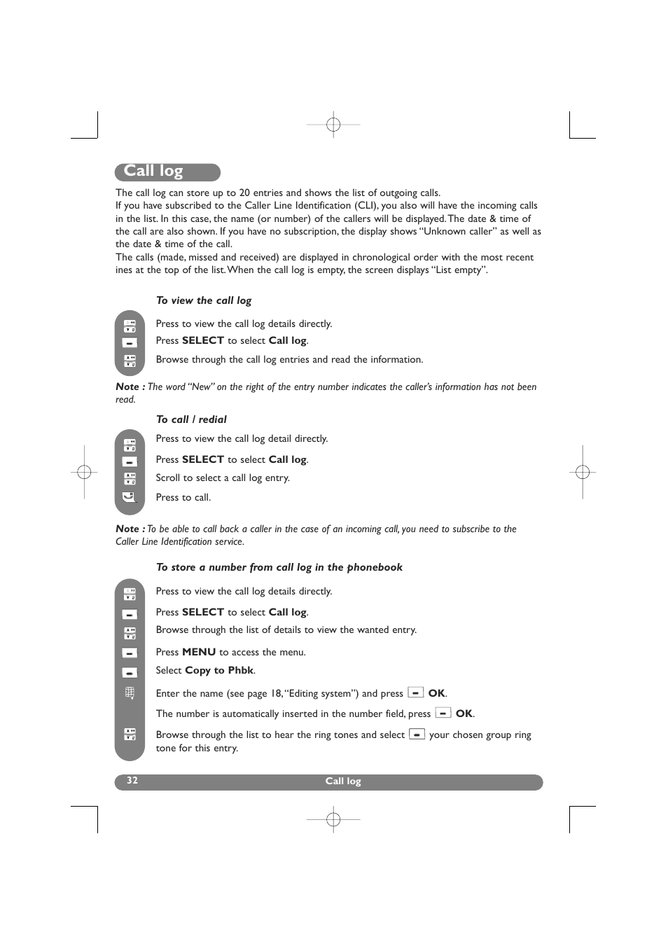 Call log, View, Store a number in the phonebook | Philips DECT 627 User Manual | Page 33 / 58