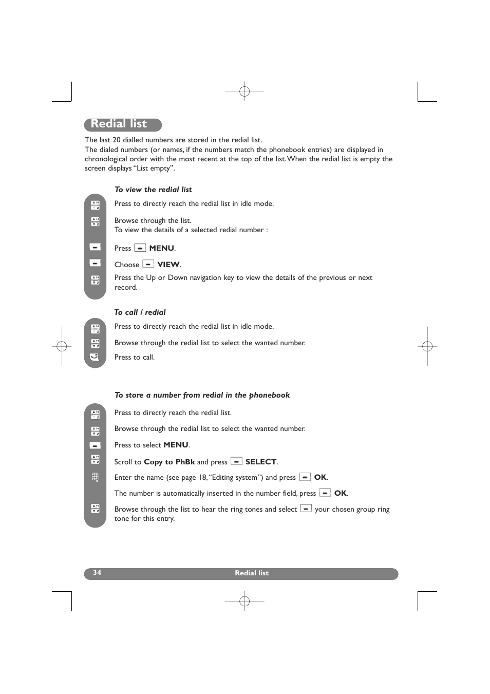 Redial list, View, Store a number in the phonebook | Philips DECT 627 User Manual | Page 35 / 58
