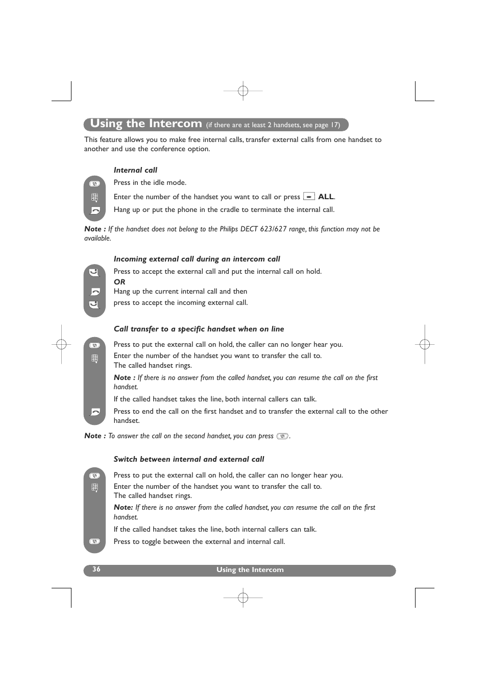 Using the intercom, Intercom, Internal call | Call transfer | Philips DECT 627 User Manual | Page 37 / 58