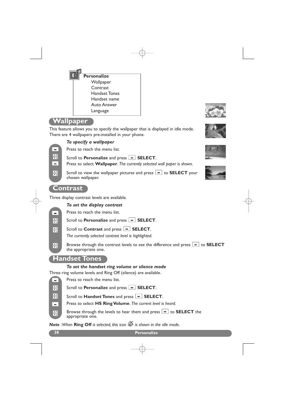 Personalize, Wallpaper, Contrast | Handset tones | Philips DECT 627 User Manual | Page 39 / 58