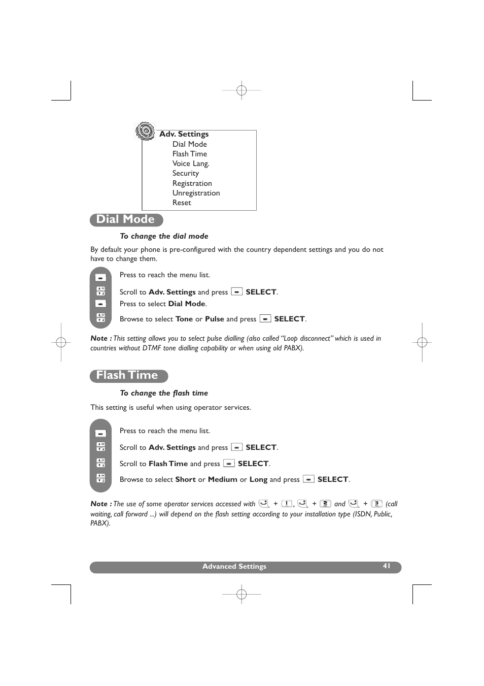 Adv. settings, Dial mode, Flash time | Advance settings | Philips DECT 627 User Manual | Page 42 / 58