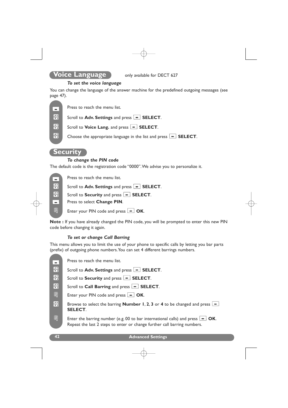 Voice language, Security, Voice language (only dect 627) | Philips DECT 627 User Manual | Page 43 / 58