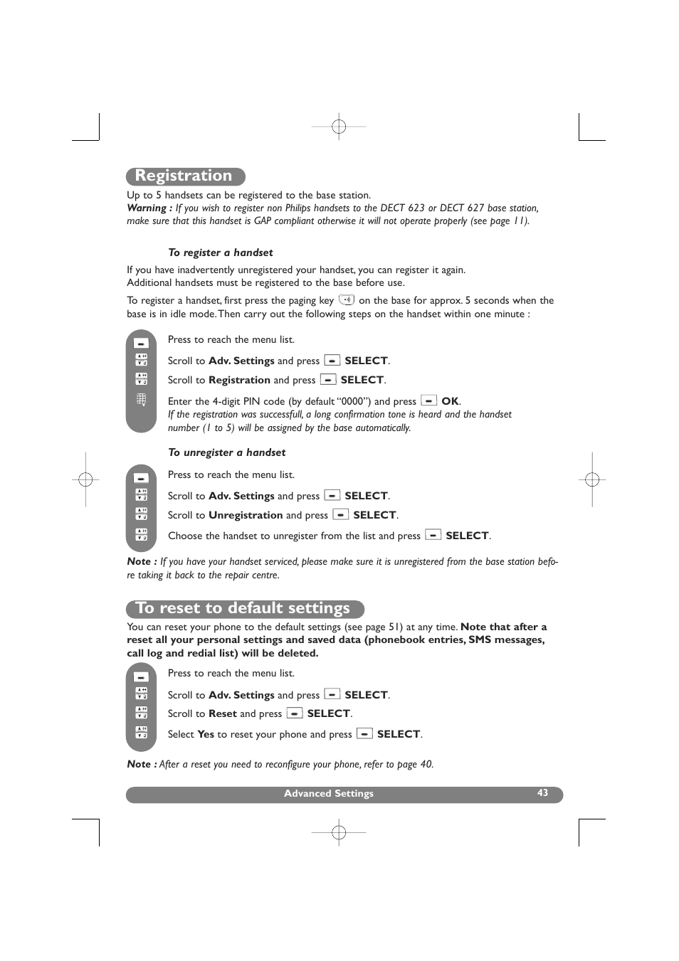 Registration, Unregistration, Reset | Philips DECT 627 User Manual | Page 44 / 58