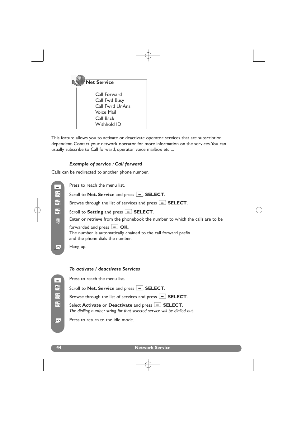 Net service, Network service (operator services) | Philips DECT 627 User Manual | Page 45 / 58