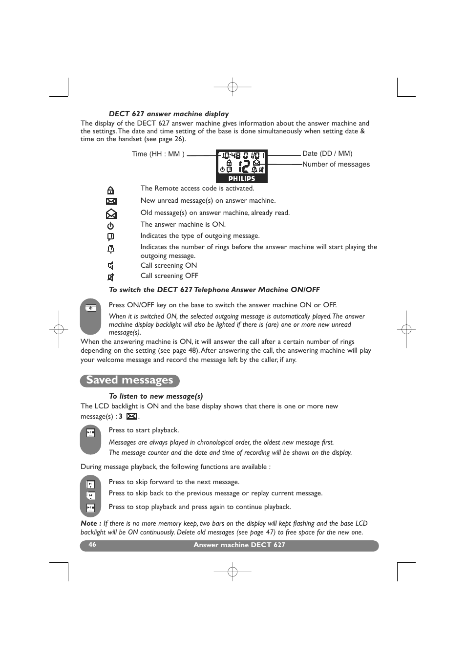 Saved messages, Display | Philips DECT 627 User Manual | Page 47 / 58