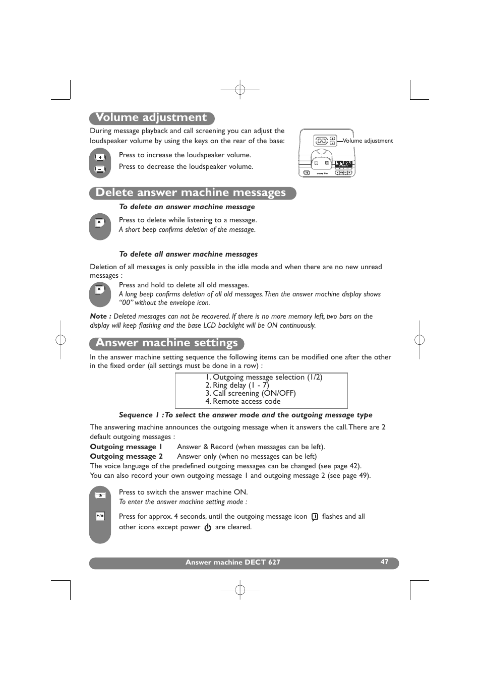 Volume adjustment, Delete answer machine messages, Answer machine settings | Philips DECT 627 User Manual | Page 48 / 58