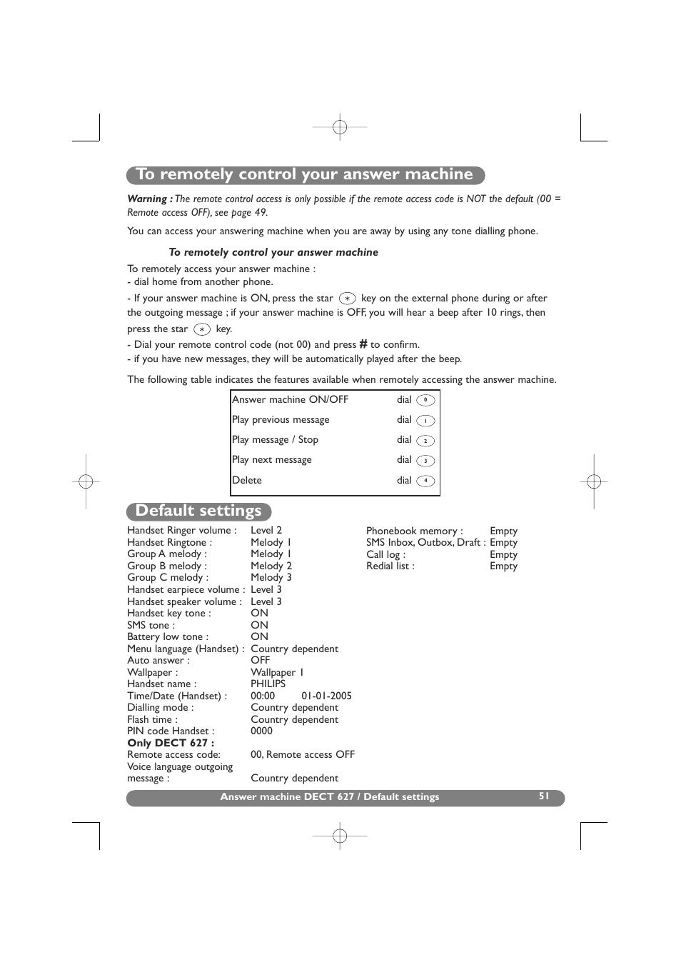 To remotely control your answer machine, Default settings, Remote control | Philips DECT 627 User Manual | Page 52 / 58