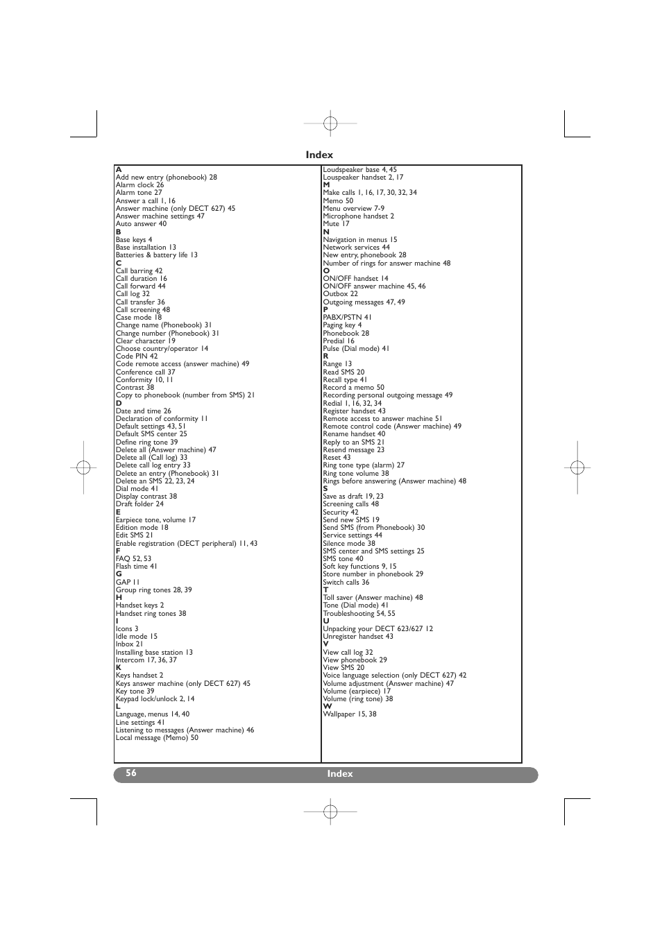 Index | Philips DECT 627 User Manual | Page 57 / 58