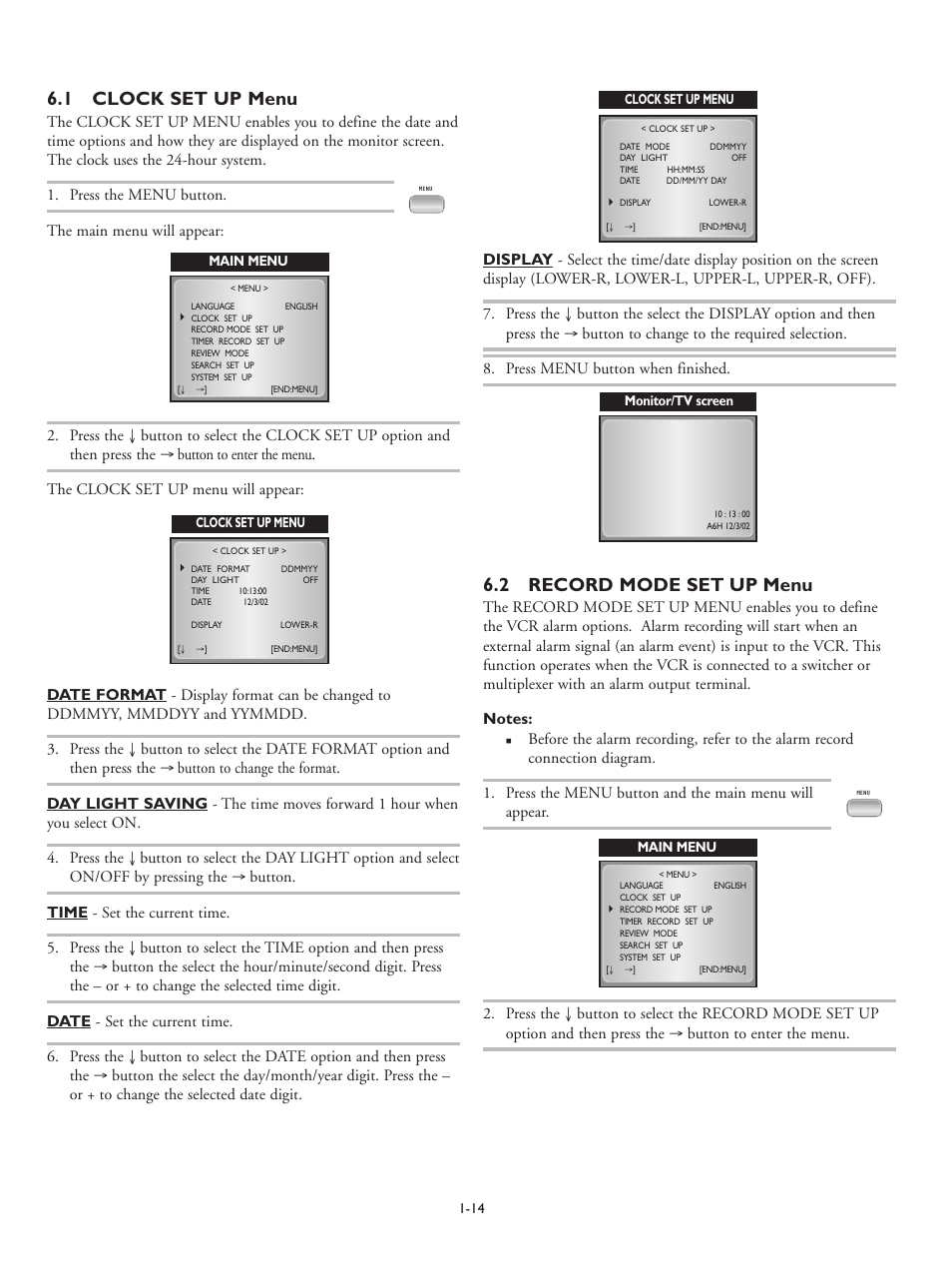 1 clock set up menu, 2 record mode set up menu | Philips RT30A User Manual | Page 16 / 26