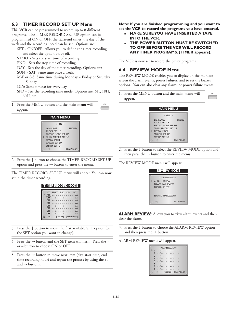 3 timer record set up menu, 4 review mode menu | Philips RT30A User Manual | Page 18 / 26