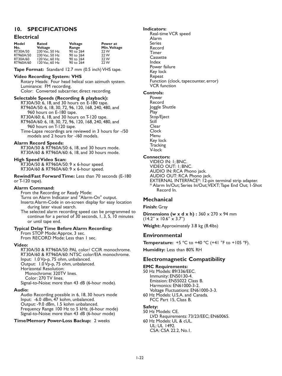 Specifications electrical, Mechanical, Environmental | Electromagnetic compatibility | Philips RT30A User Manual | Page 24 / 26