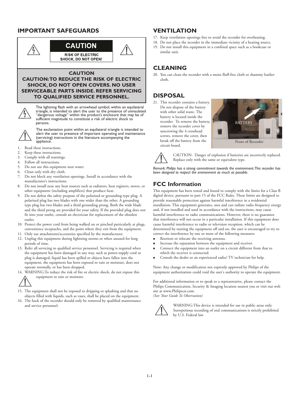 Important safeguards, Ventilation, Cleaning | Disposal, Fcc information | Philips RT30A User Manual | Page 3 / 26