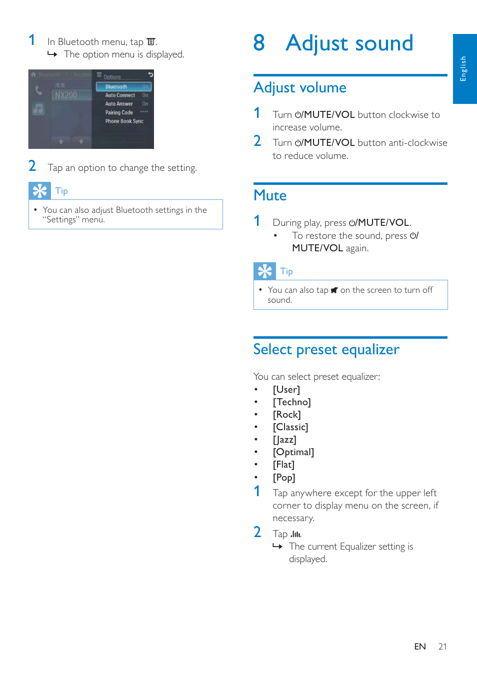 8 adjust sound, Adjust volume 1, Mute 1 | Select preset equalizer | Philips CID3692 User Manual | Page 21 / 33