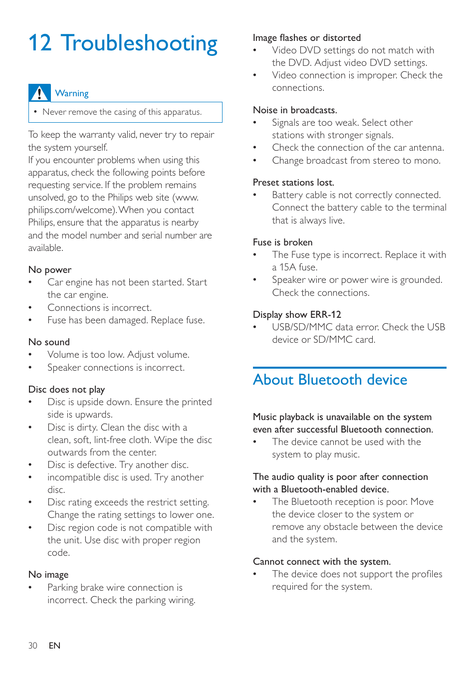 12 troubleshooting, About bluetooth device | Philips CID3692 User Manual | Page 30 / 33