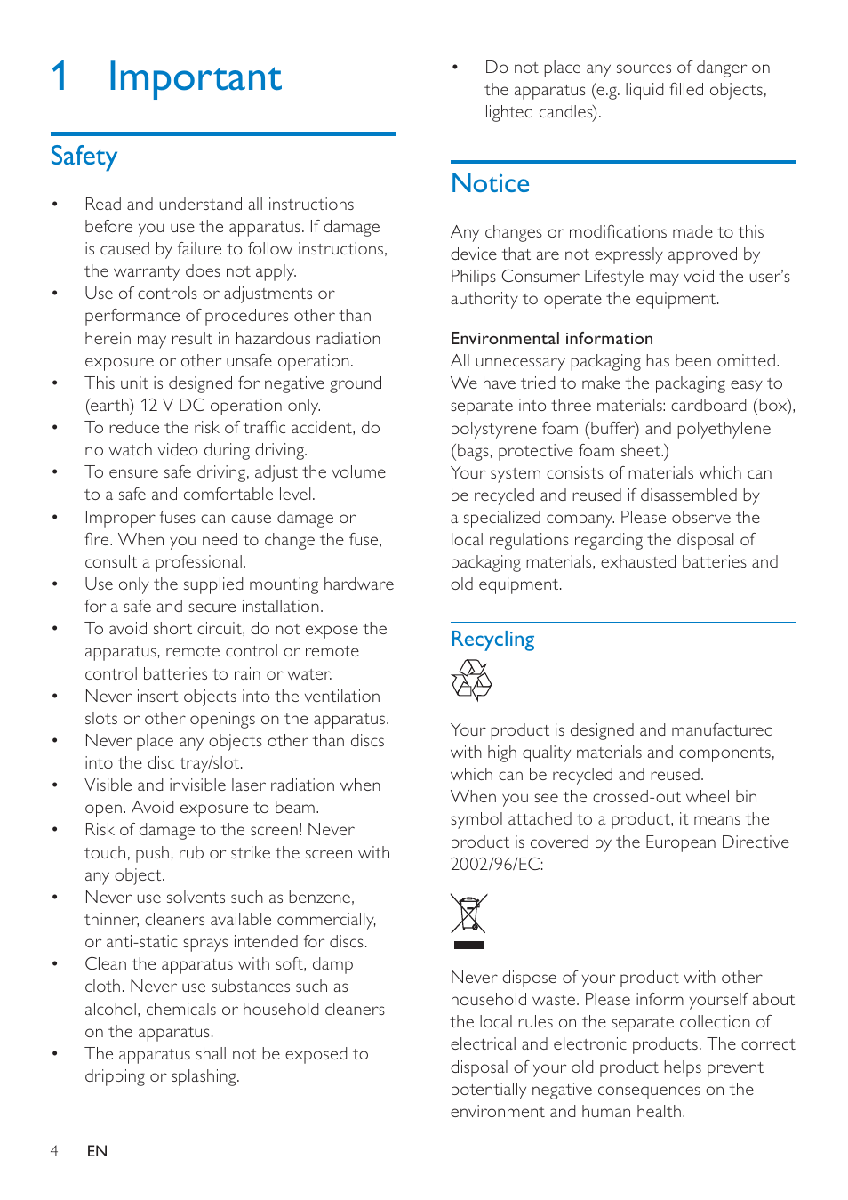 1 important, Notice, Safety | Philips CID3692 User Manual | Page 4 / 33