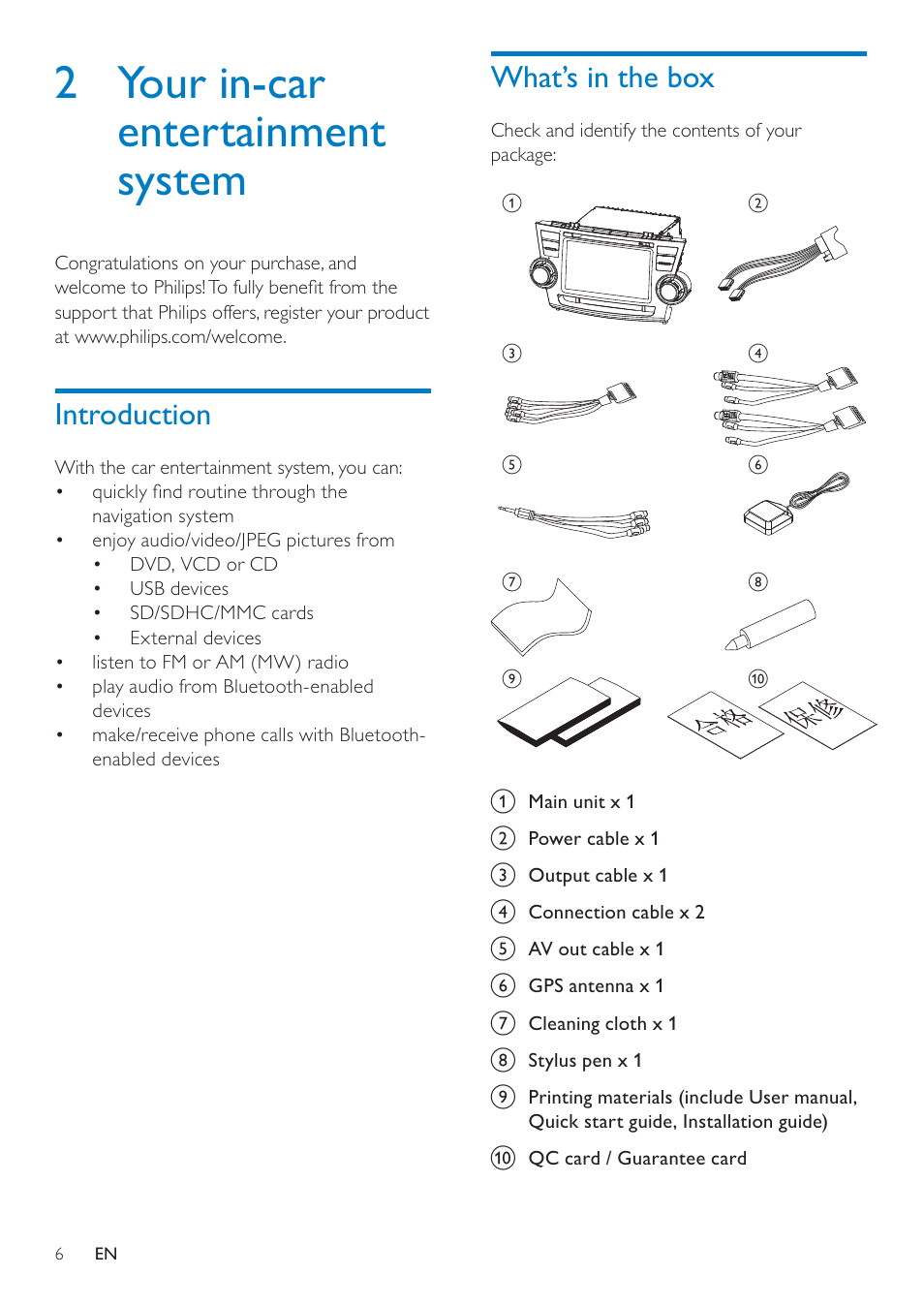 2 your in-car entertainment system, What’s in the box, Introduction | Philips CID3692 User Manual | Page 6 / 33