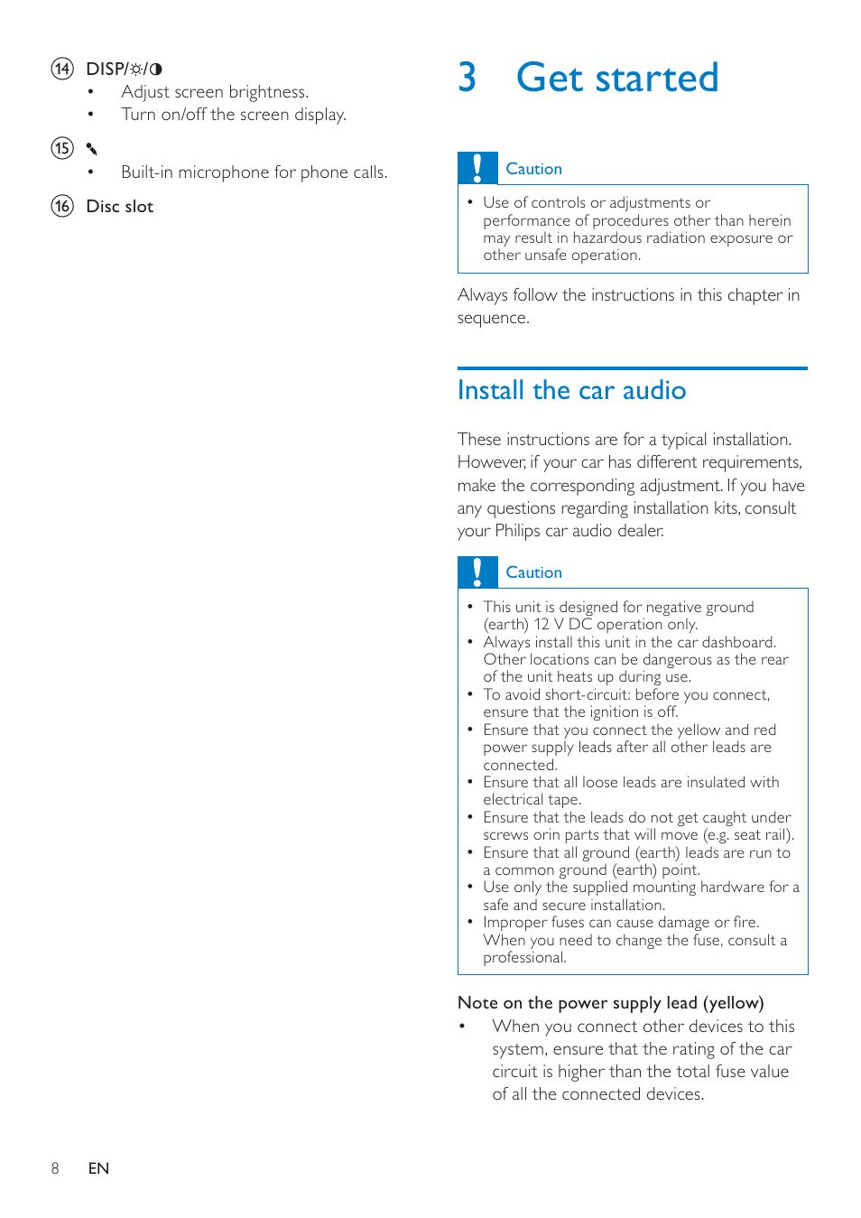 3 get started, Install the car audio | Philips CID3692 User Manual | Page 8 / 33