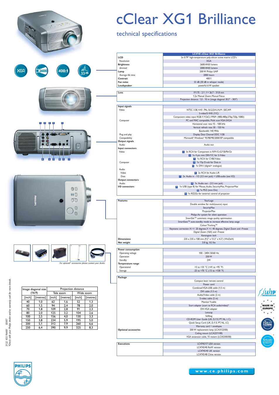 Cclear xg1 brilliance, Technical specifications | Philips cClear XG1 Brilliance User Manual | Page 2 / 2