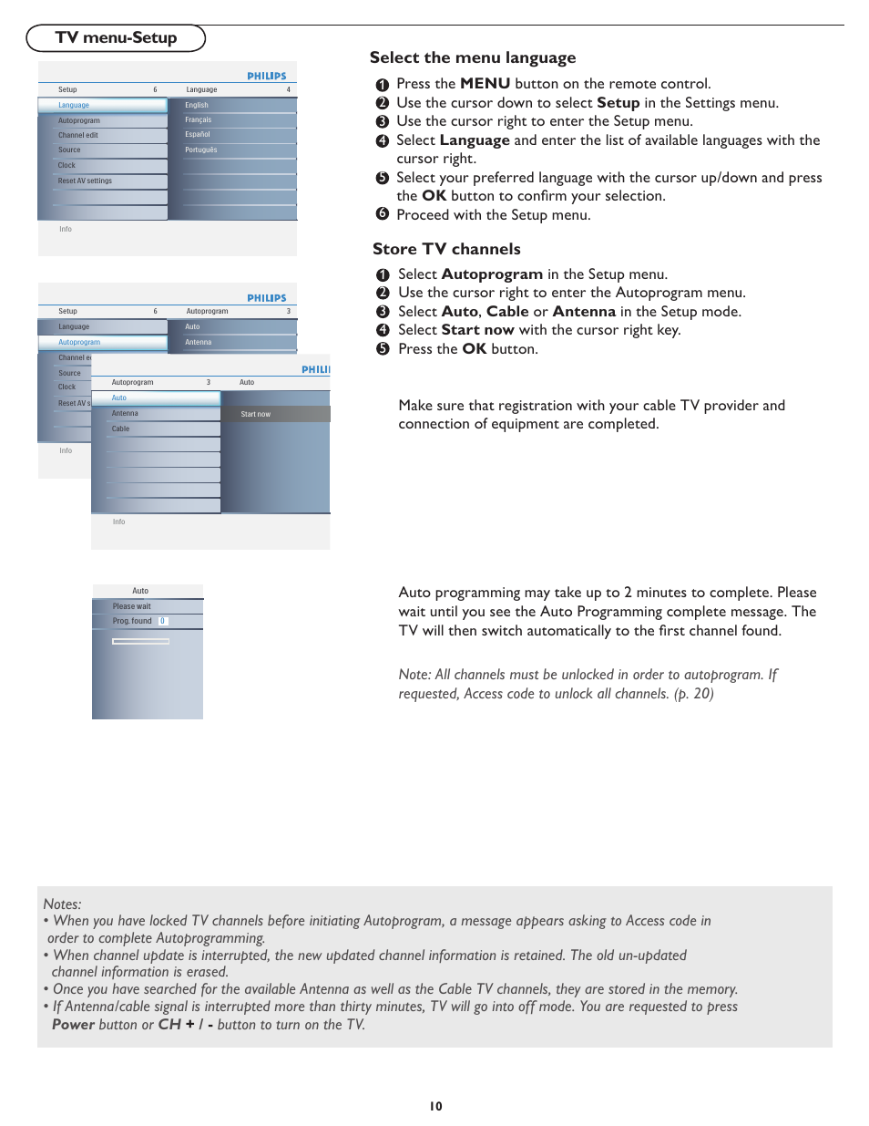 Tv menu-setup, Select the menu language, Store tv channels | Philips 19PFL4322 User Manual | Page 17 / 36