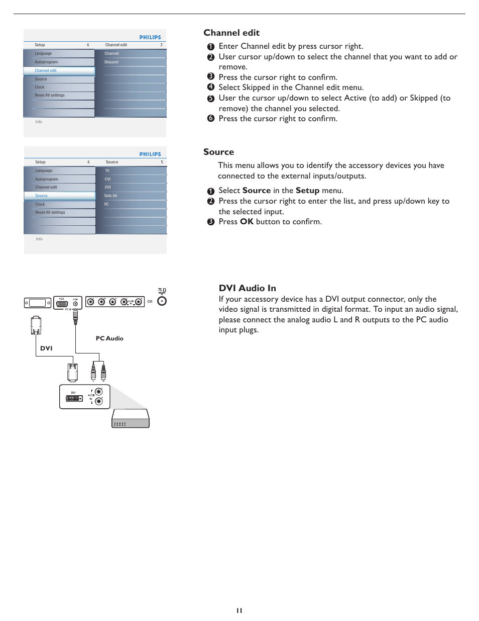 Channel edit, Dvi audio in, Source | Philips 19PFL4322 User Manual | Page 18 / 36