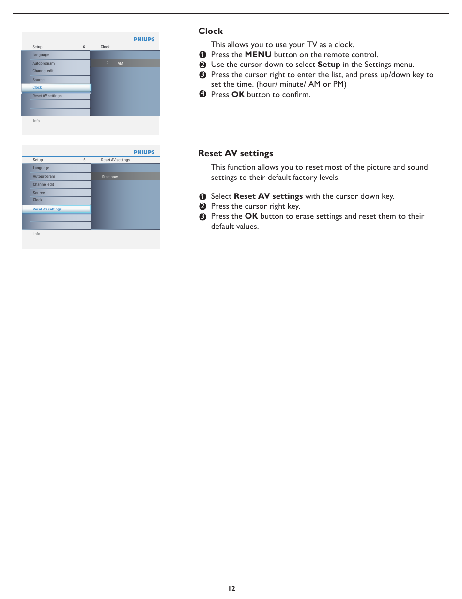 Clock, Reset av settings | Philips 19PFL4322 User Manual | Page 19 / 36