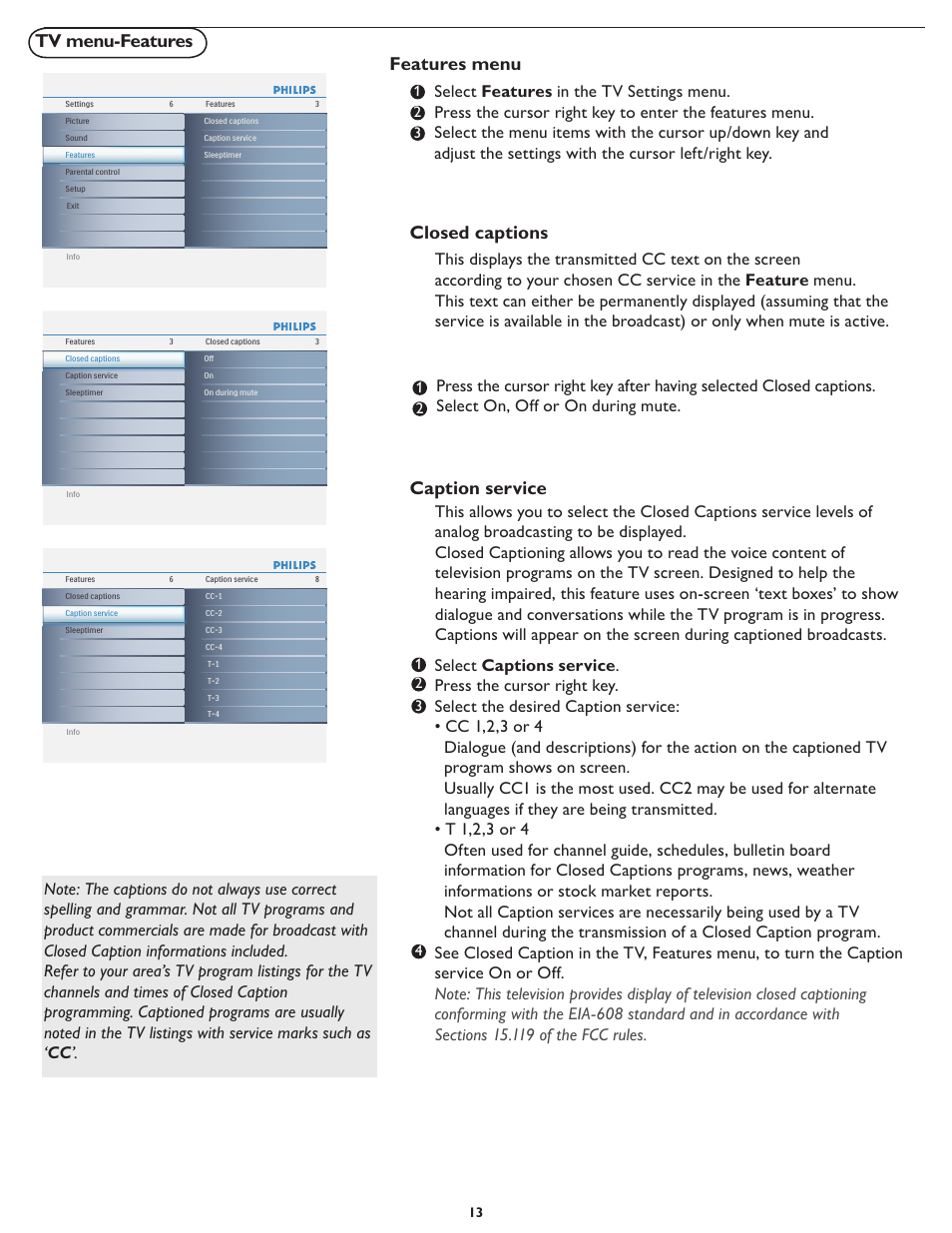 Tv menu-features, Features menu, Closed captions | Caption service | Philips 19PFL4322 User Manual | Page 20 / 36