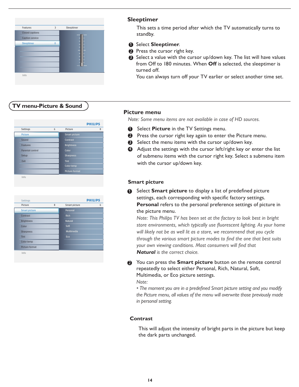 Sleeptimer, Tv menu-picture & sound, Picture menu | Philips 19PFL4322 User Manual | Page 21 / 36