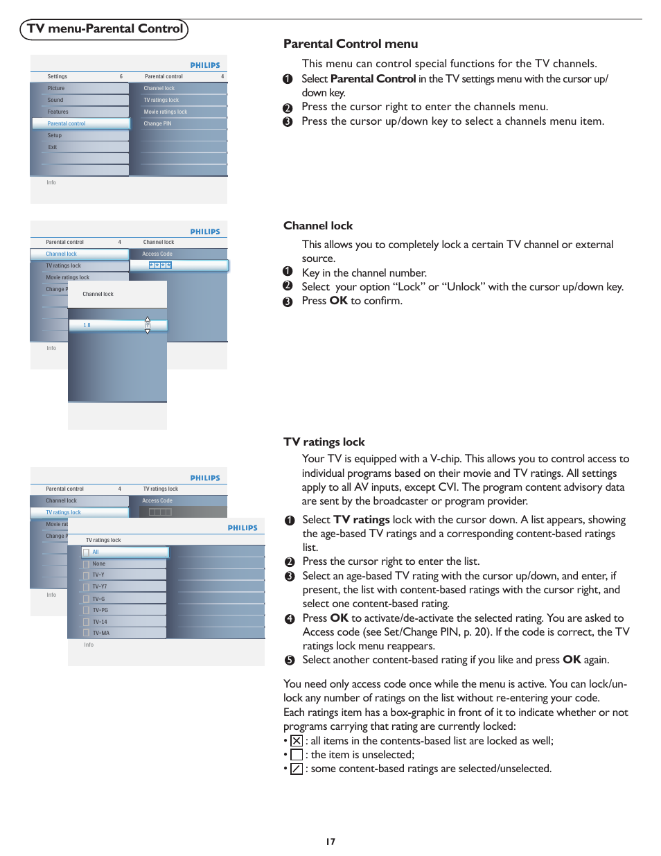 Parental control menu, Tv menu-parental control | Philips 19PFL4322 User Manual | Page 24 / 36