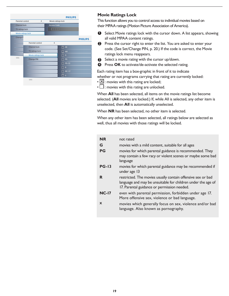 Movie ratings lock | Philips 19PFL4322 User Manual | Page 26 / 36