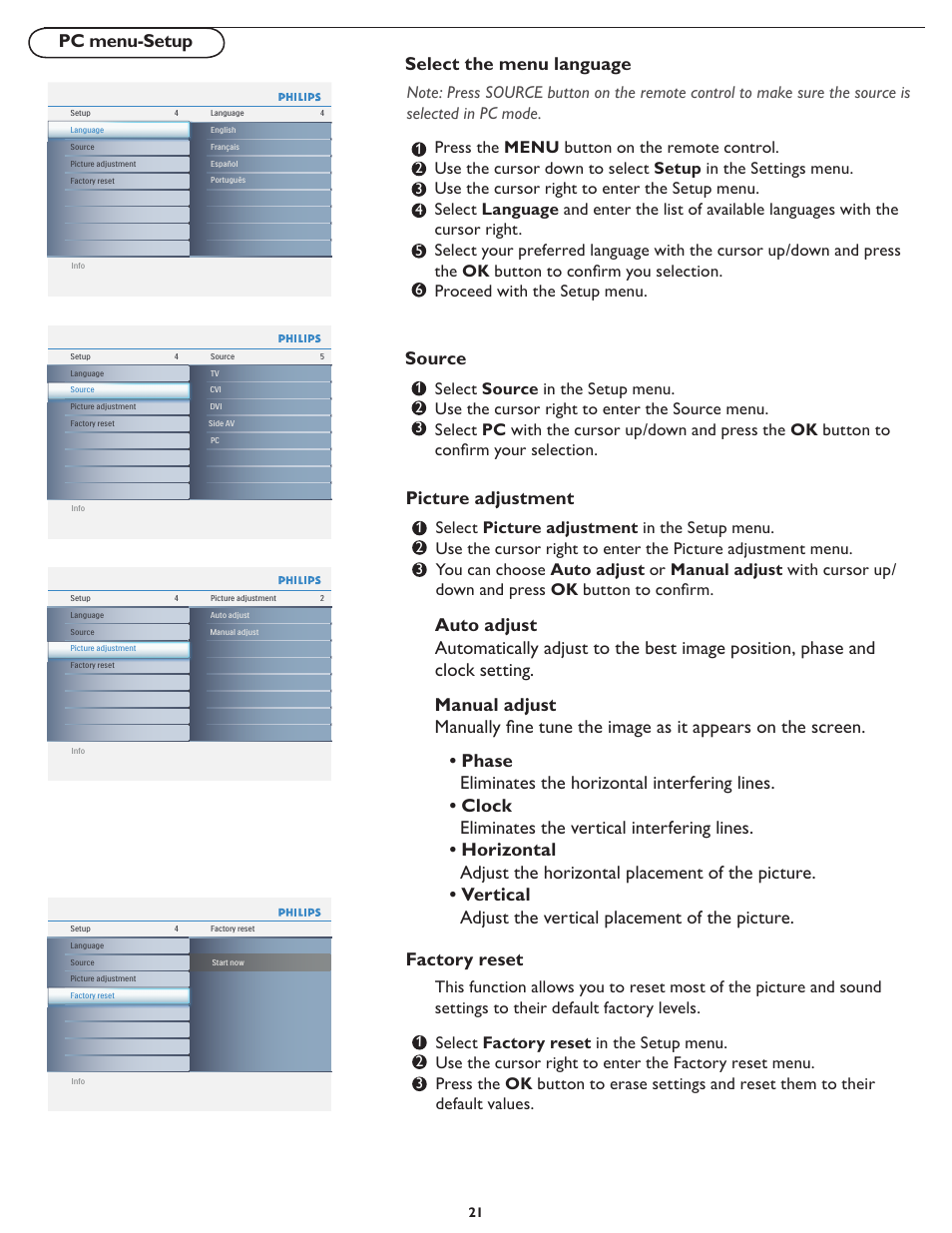 Pc menu-setup, Select the menu language, Source | Picture adjustment | Philips 19PFL4322 User Manual | Page 28 / 36