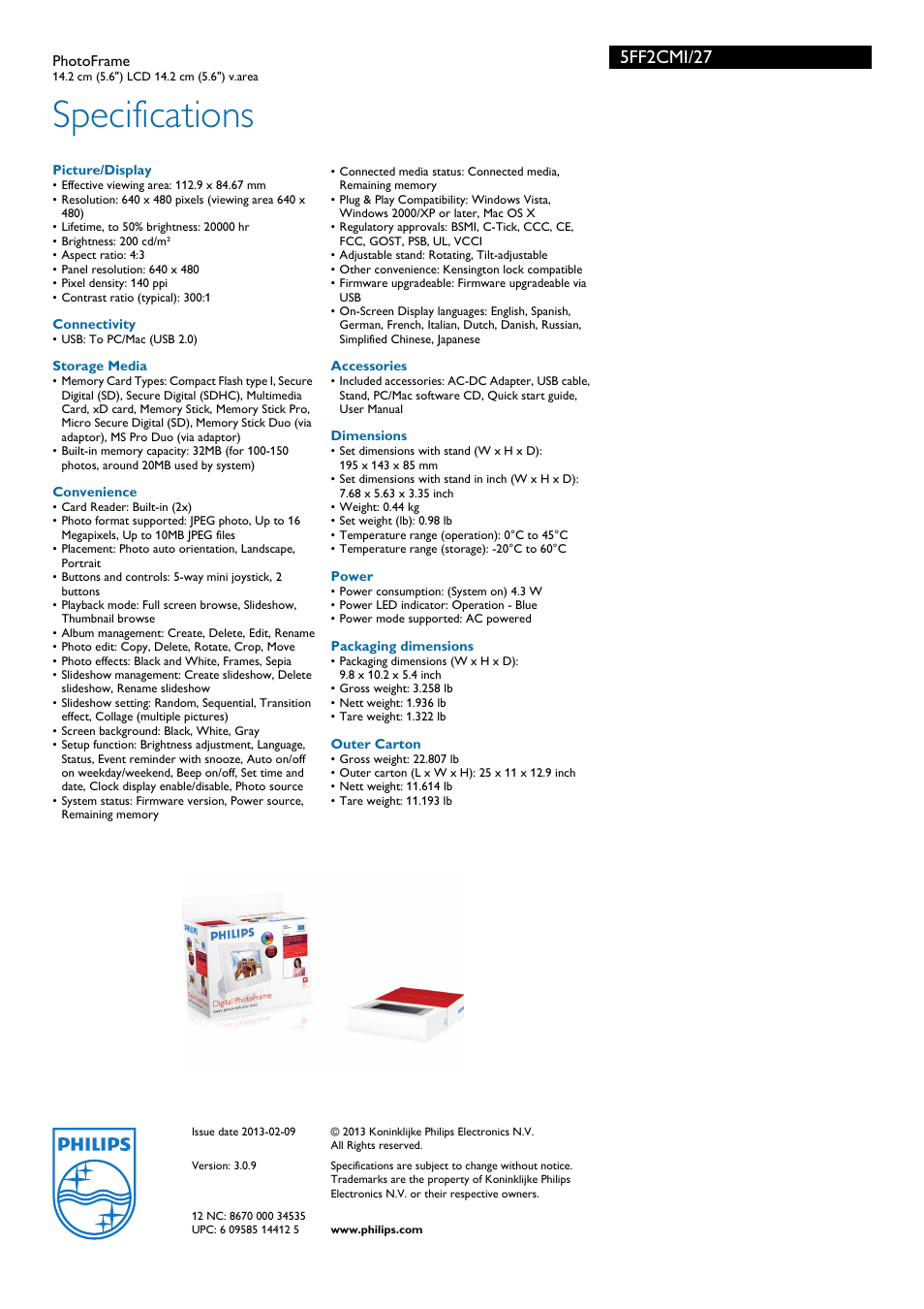 Specifications, 5ff2cmi/27 | Philips 5FF2CMI/27 User Manual | Page 3 / 3