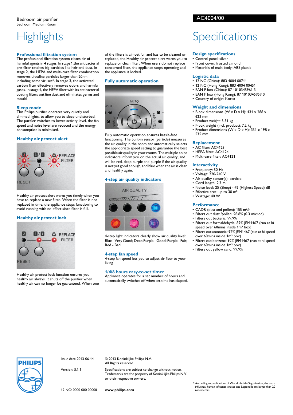 Highlights, Specifications | Philips AC4004/00 User Manual | Page 2 / 2