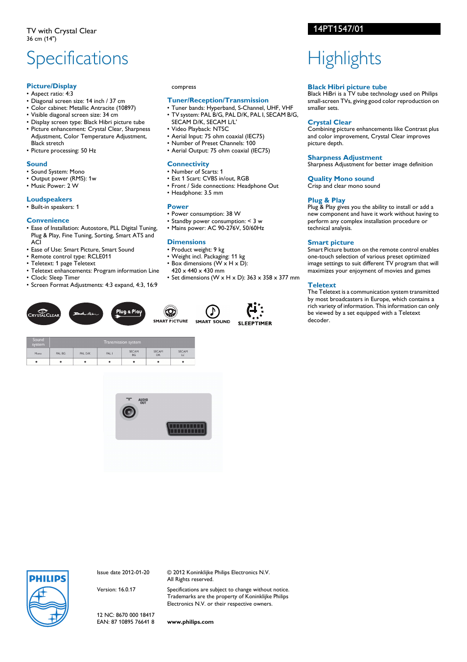 Specifications, Highlights | Philips 14PT1547 User Manual | Page 2 / 2