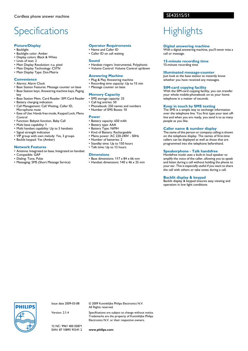 Specifications, Highlights | Philips SE4351S User Manual | Page 2 / 2