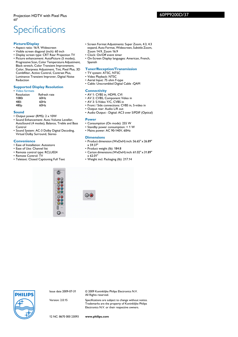 Specifications | Philips 60PP9200D User Manual | Page 3 / 3