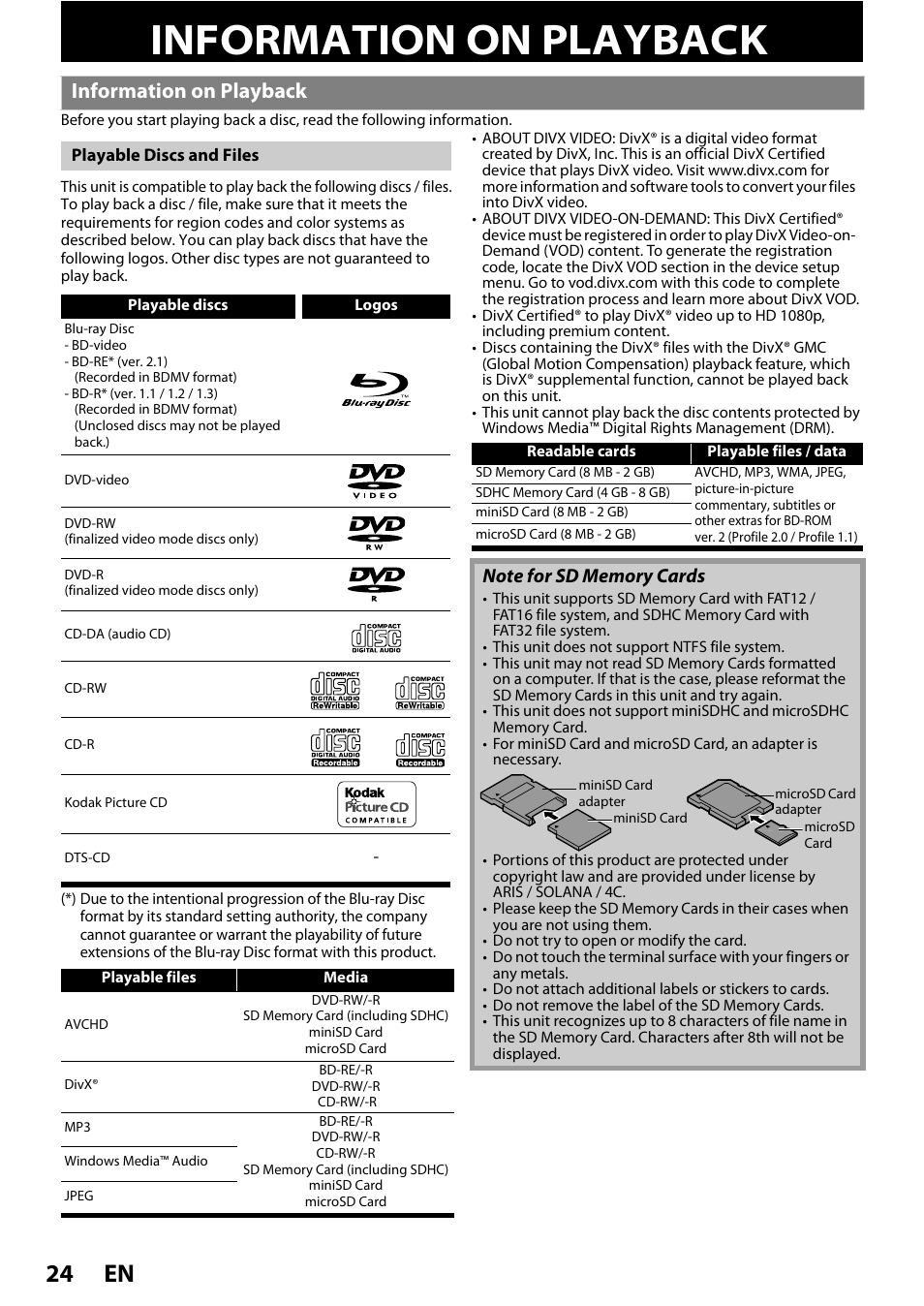 Playback, Information on playback, En 24 | Philips BDP5010 User Manual | Page 24 / 74