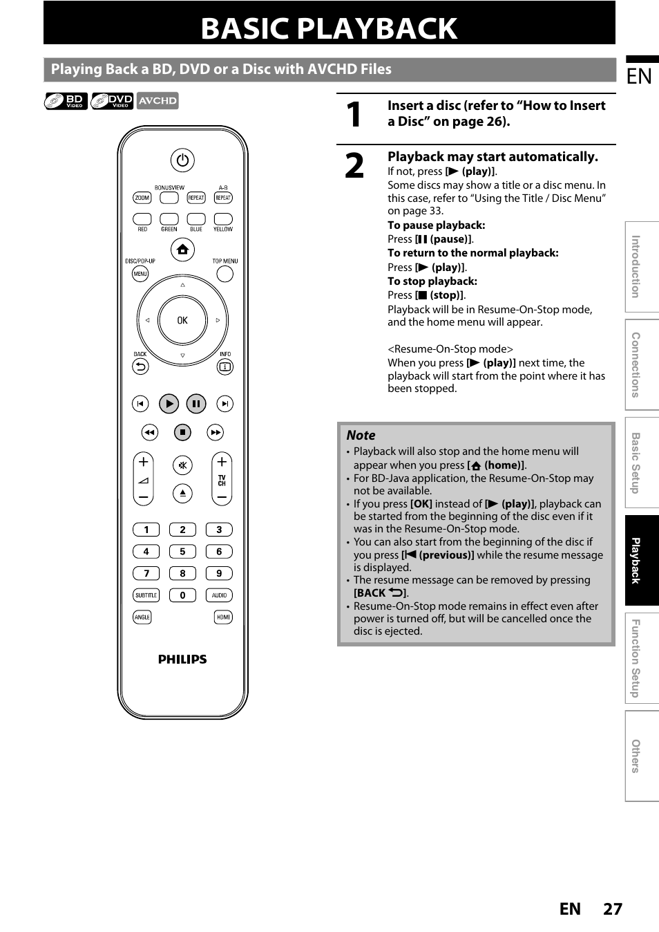 Basic playback, Playing back a bd, dvd or a disc with avchd files, 27 en | Philips BDP5010 User Manual | Page 27 / 74