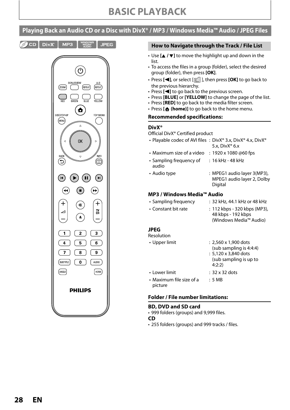 Playing back an audio cd or a disc with divx, Mp3 / windows media™ audio / jpeg files, Basic playback | Philips BDP5010 User Manual | Page 28 / 74