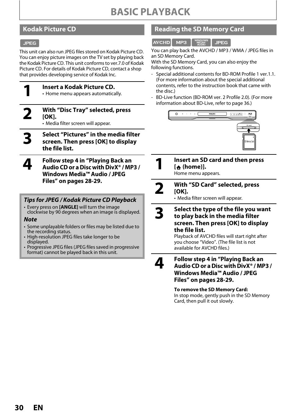 Kodak picture cd reading the sd memory card, Basic playback | Philips BDP5010 User Manual | Page 30 / 74