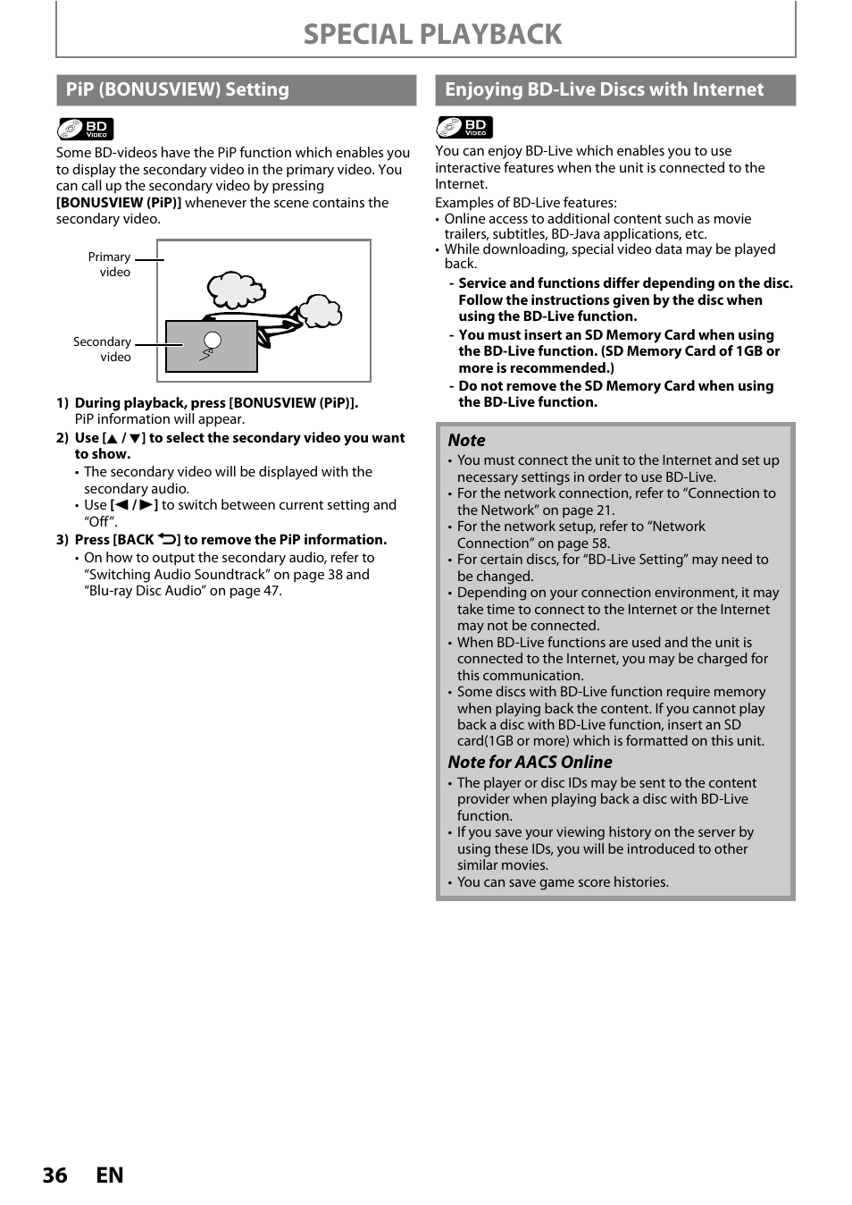 Special playback, Pip (bonusview) setting, Enjoyi ng bd-live disc s with internet | Philips BDP5010 User Manual | Page 36 / 74