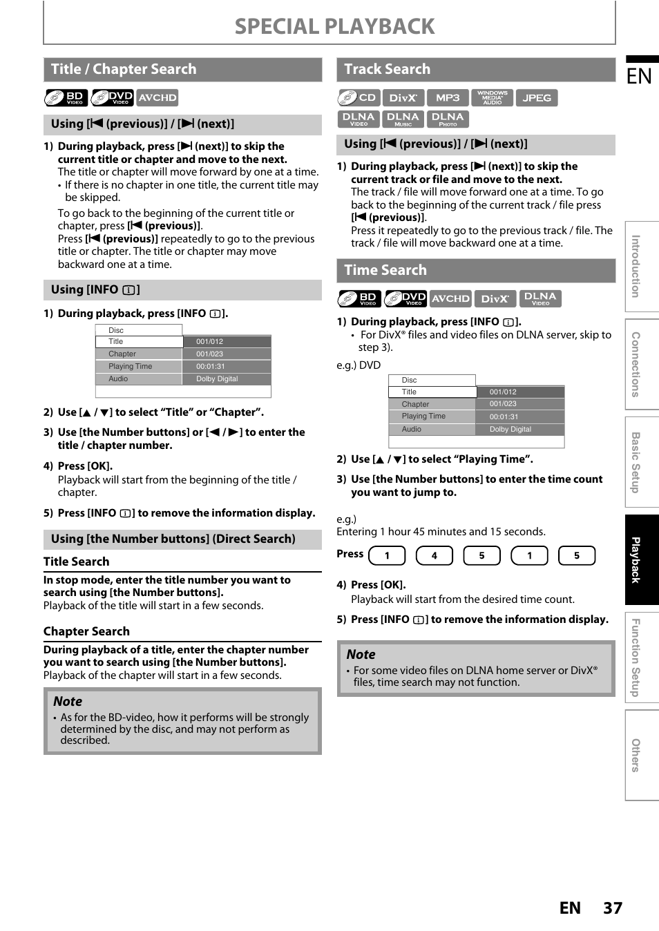 Title / chapter search track search time search, Special playback, Title / chapter search | Track search, Time search | Philips BDP5010 User Manual | Page 37 / 74