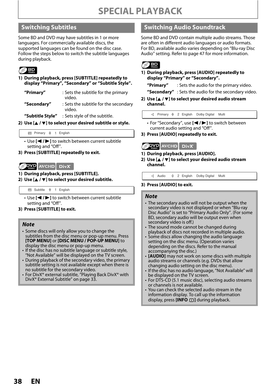 Switching subtitles switching audio soundtrack, Special playback, Switching subtitles | Switching audio soundtrack | Philips BDP5010 User Manual | Page 38 / 74