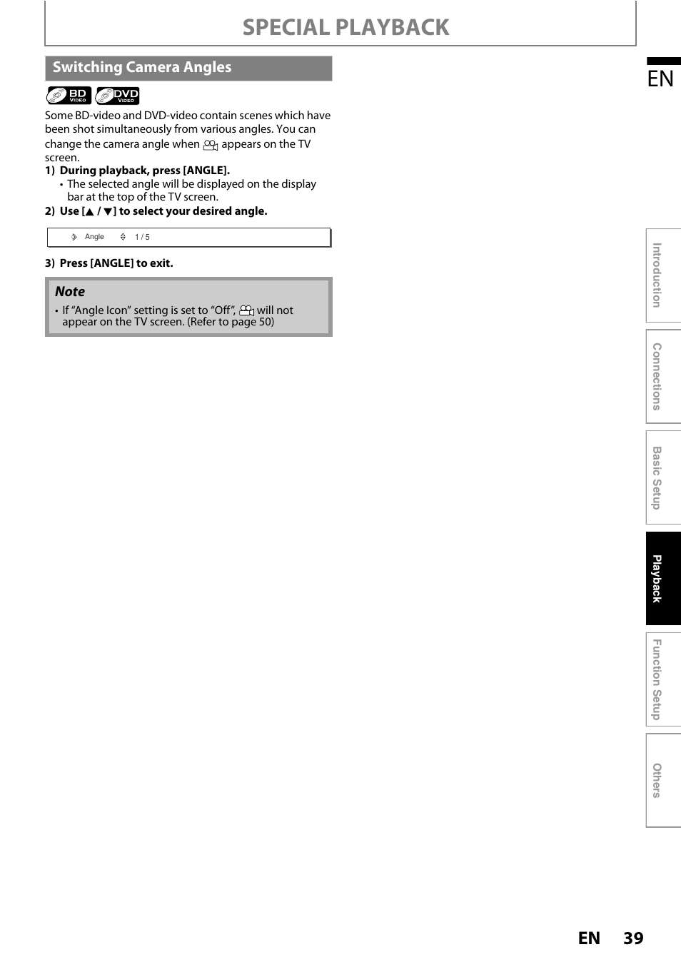 Switching camera angles, Special playback | Philips BDP5010 User Manual | Page 39 / 74