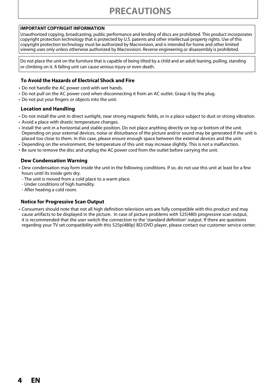 Precautions | Philips BDP5010 User Manual | Page 4 / 74