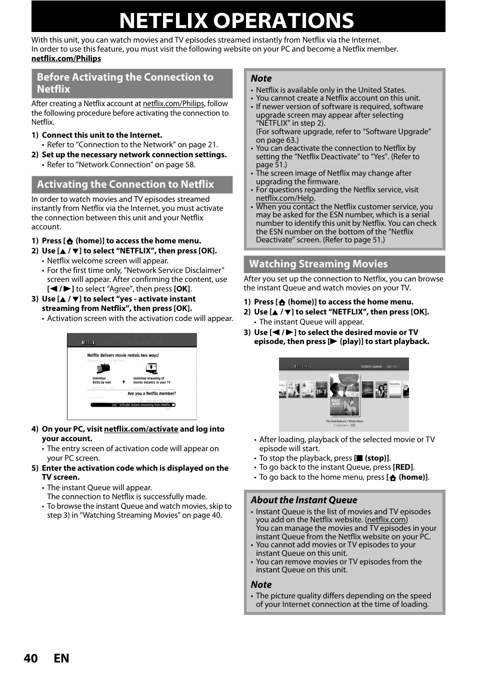 Netflix operations, En 40, Watching streaming movies | Philips BDP5010 User Manual | Page 40 / 74