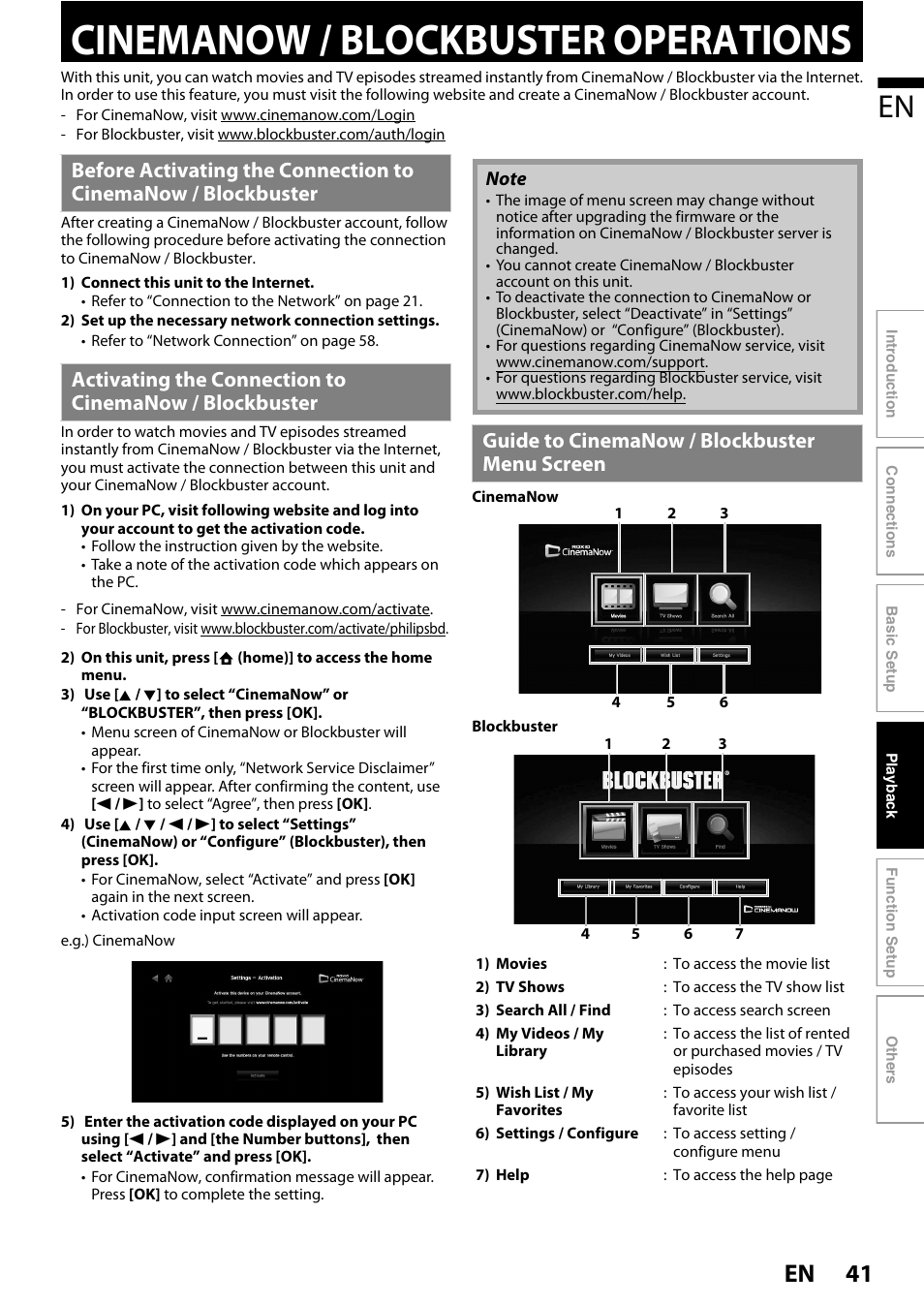 Cinemanow / blockbuster operations, Before activating the connection to cinemanow, Blockbuster | Activating the connection to cinemanow, Guide to cinemanow / blockbuster menu screen, Cinemanow / blockbuster operations” on, 41 en | Philips BDP5010 User Manual | Page 41 / 74